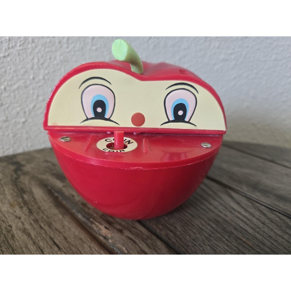 Vintage Plastic Apple Worm Eats Coin Bank Wind-Up Mechanical 1960's Hong Kong